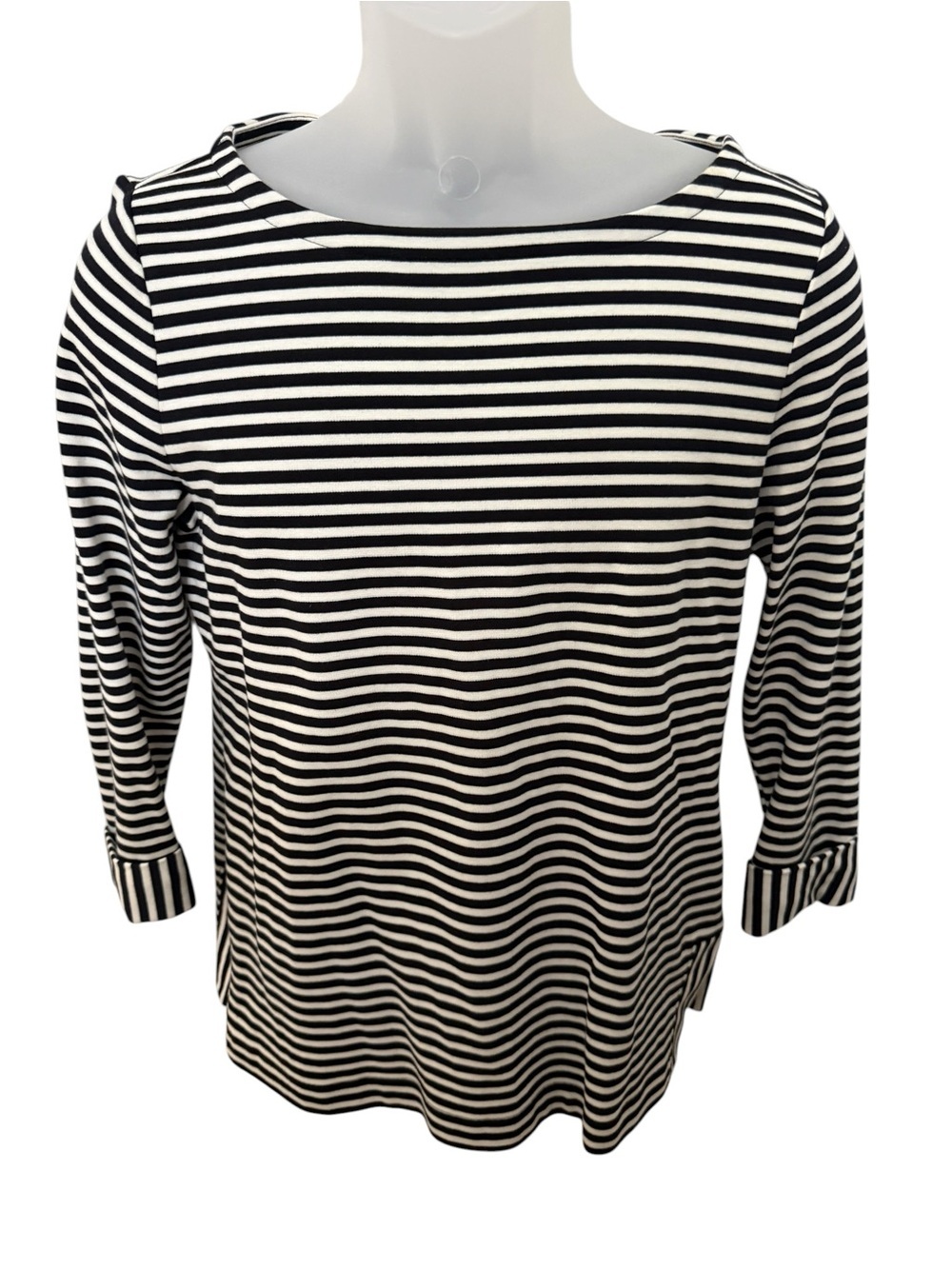 Talbots Black and White Striped Scoop Neck Top Blouse Women MP Medium Petite